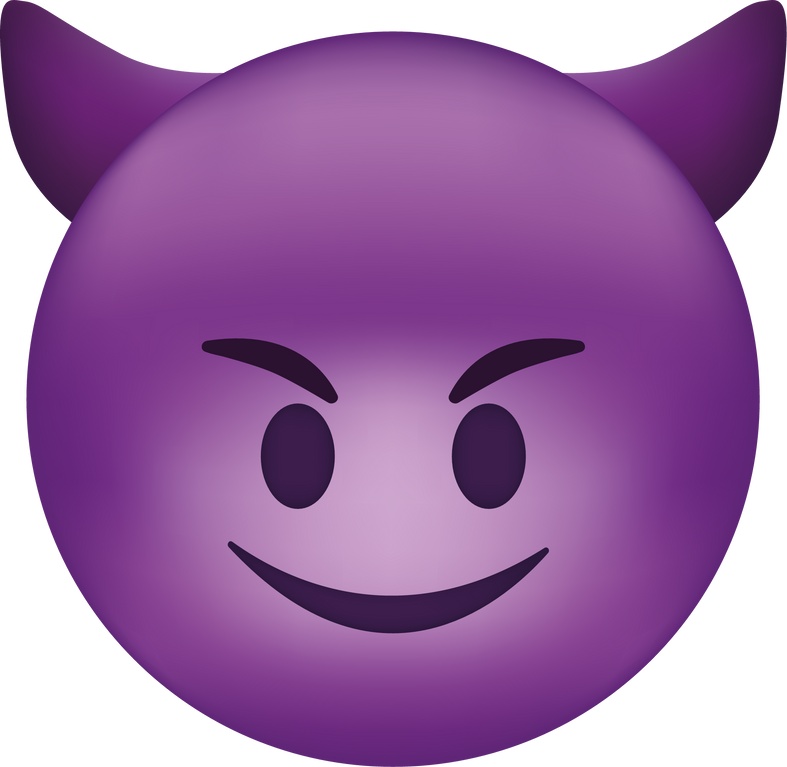 Evil devil emoji. Happy purple emoticon with devil horns